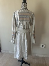Tory Burch Beige Geometric Embroidered Belted A-Line Midi Dress Size M,