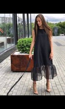Women Black Sheer Organza Midi Dress Event Bold Evening Club Cocktail Party Wear