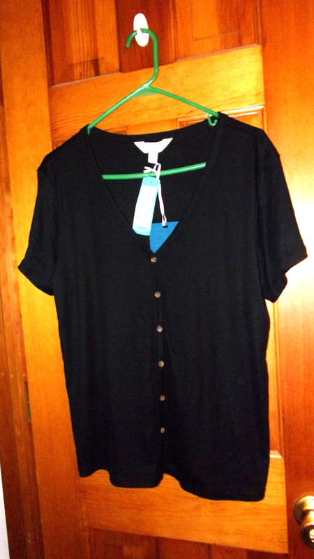 NWT Market and Spruce size XL, Lilia short sleeve button front knit top, black