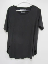 SUSAN GRAVER top shirt blouse S 6 Bust 38 Length 29 Solid Black Tulip Hem CUTE