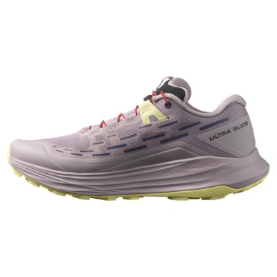 Salomon  Women's 9 B Ultra Glide Trail Running Shoes in Quail/Yellow Iris/Red