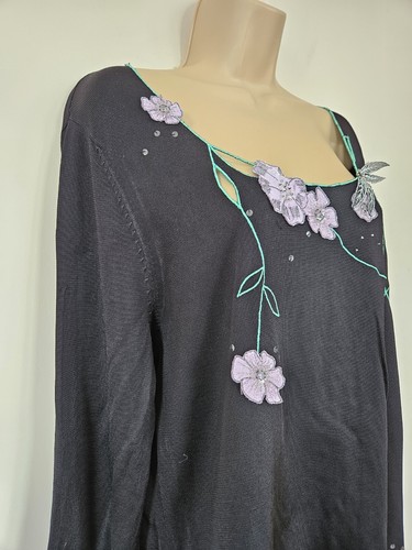 CHESCA Dragon Fly Floral Top UK 16 Applique Embroidered Long Sleeve Jumper Black - Picture 7 of 18