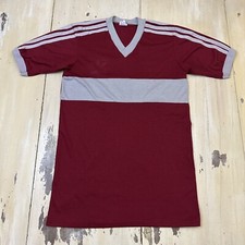 ADIDAS - Vtg 1980s Dark Red Chest Stripe V-Neck Made In USA T-Shirt, Mens SMALL