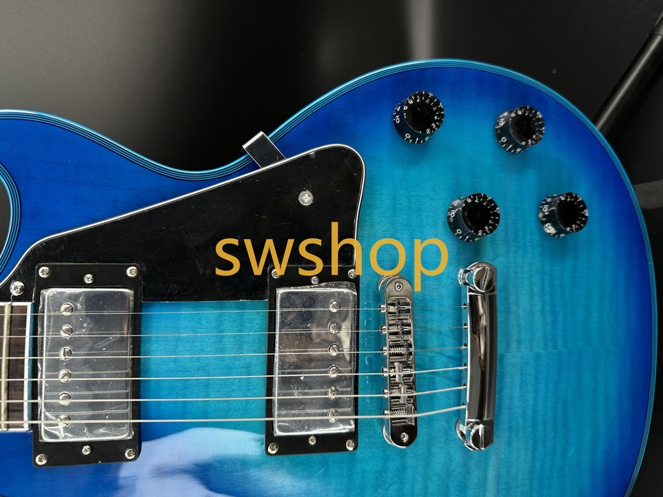 Gradient Blue Flame Maple Top LP Electric Guitar Chrome Hardware Black