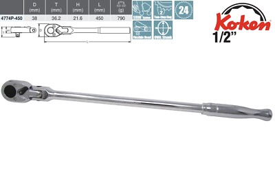 Koken 1/2'' Gelenk-Umschaltknarre mit poliertem Griff 450 mm - 4774P-450