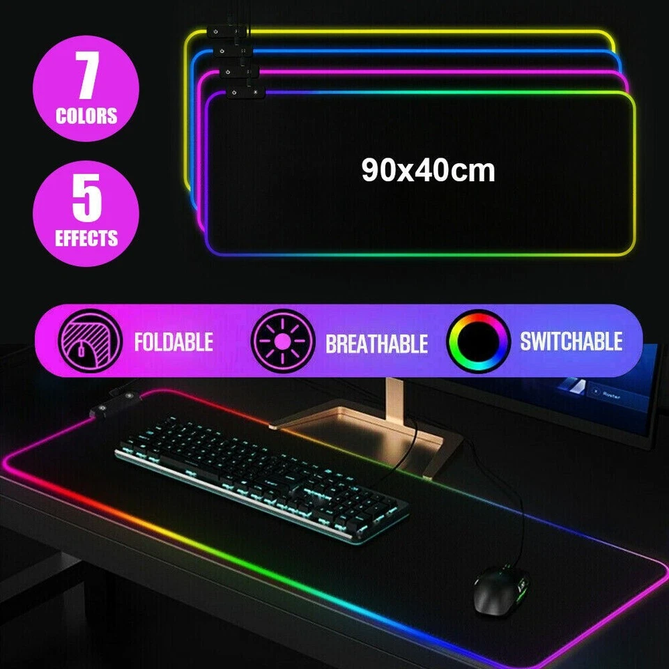 RGB Extended Mousepad LED Gaming Mouse Pad Large Keyboard Desk Anti-slip Mat - image 2 of 4