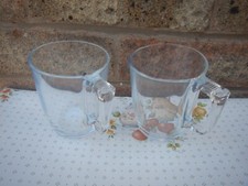VINTAGE ARC SET OF TWO CLEAR GLASS MUGS , SMALL ,RIBBED HANDLE DETAIL