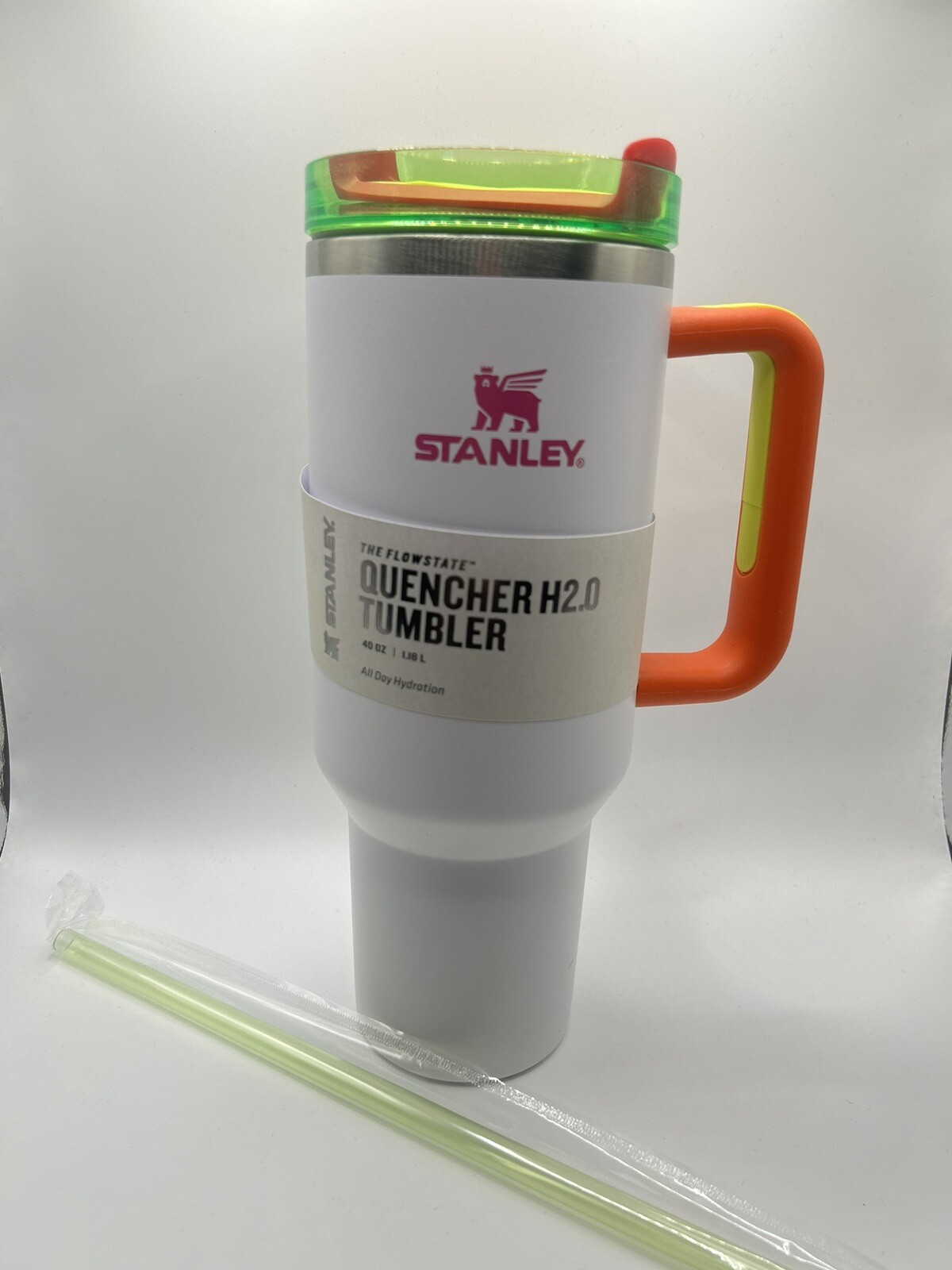 Stanley 40 oz WHITE NEON Quencher Blacklight Glow Tumbler Stainless Steel NWT