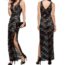 Womens Elegant Lace V-Neck High Slit Formal Evening Wedding Party Maxi Dresses