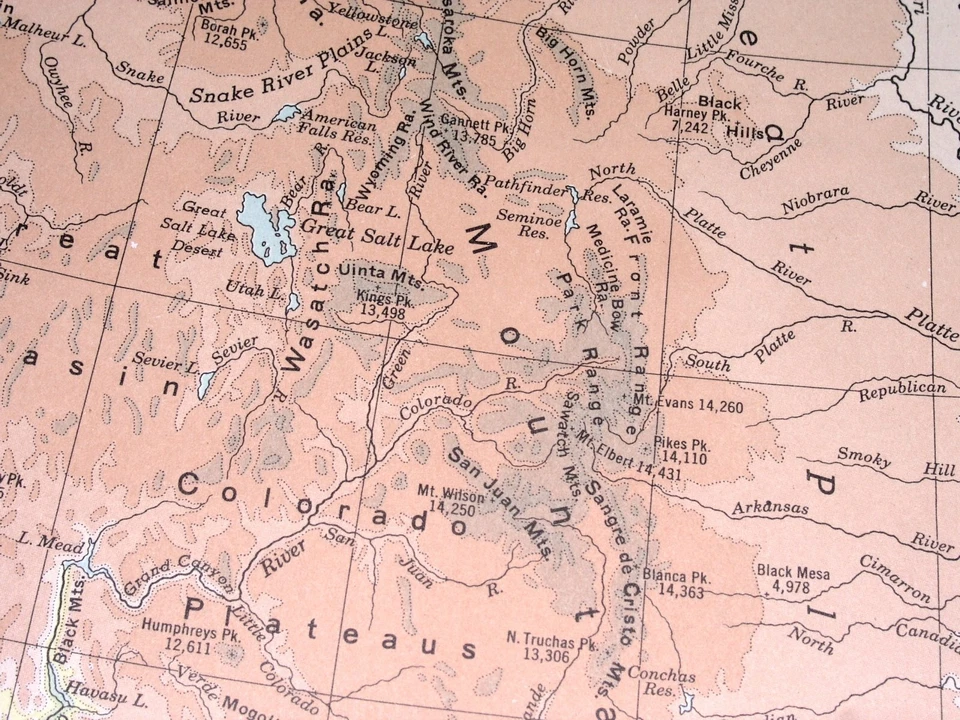 Mapa físico vintage de las montañas rocosas de Estados Unidos de América del Norte 1949 Foto 4 de 4