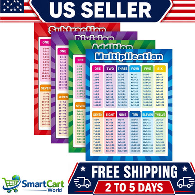 4 Pack Educational Math Posters Multiplication Division Addition Subtraction