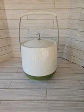 Vintage-Mid Century Dinex Servall Insulated Ice Bucket In White & Olive Green