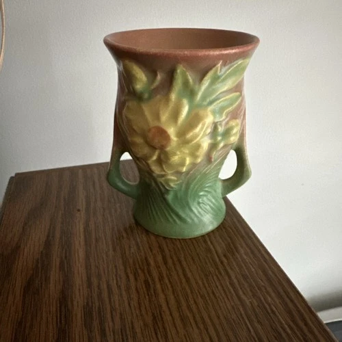 Vtg Roseville Art Pottery Green Pink Peony Vase 57-4 Small Handled Flower Floral