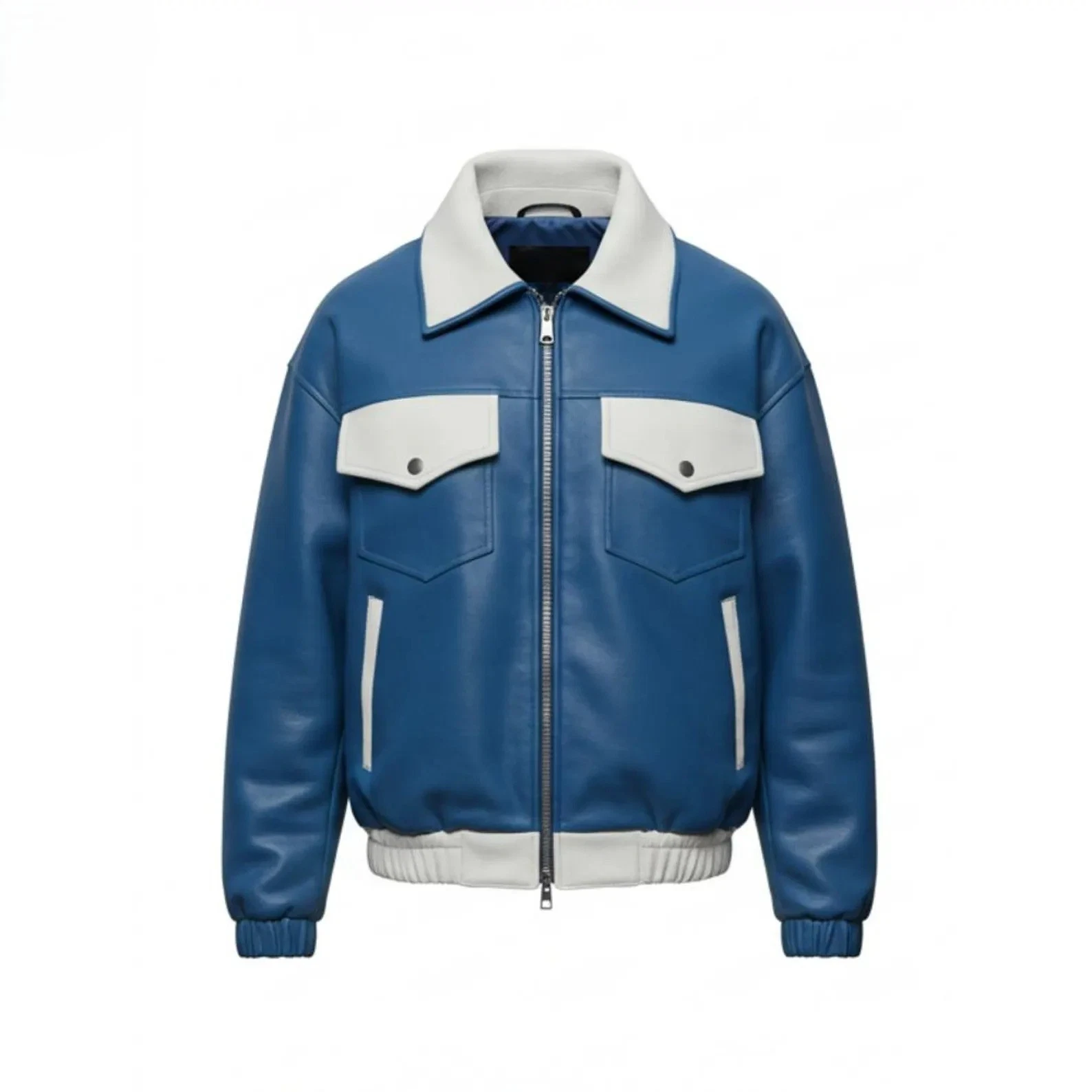 Men's Blue White Real Leather Bomber Jacket Retro Two Tone Flight Biker Coat