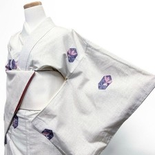 White Pongee Kimono with Turtle Shell Flower Pattern, Traditional Japanese Used