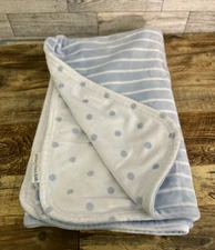 Pottery Barn Kids Blanket Light Blue Stripes Dots Reversible Soft Velour 30"x40"