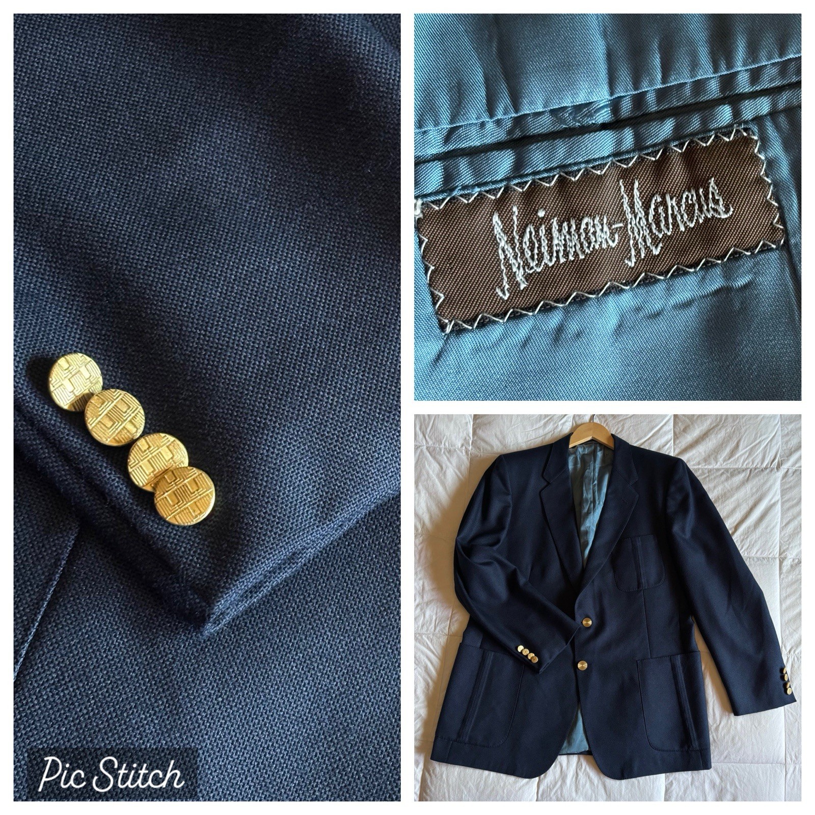 Lanvin, Vtg 80s Lanvin Neiman Marcus Hopsack Wool Blazer Jacket Mens 42R Navy Blue Gold