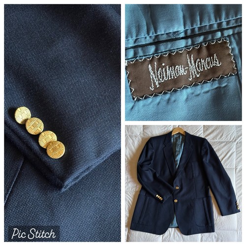 Lanvin, Vtg 80s Lanvin Neiman Marcus Hopsack Wool Blazer Jacket Mens 42R Navy Blue Gold