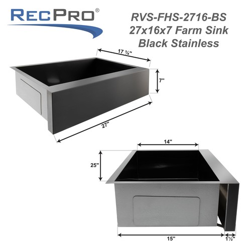 RecPro Farmhouse Kitchen Sink 27x16 Undermount Single Basin 304 Black Stainless - Picture 5 of 7