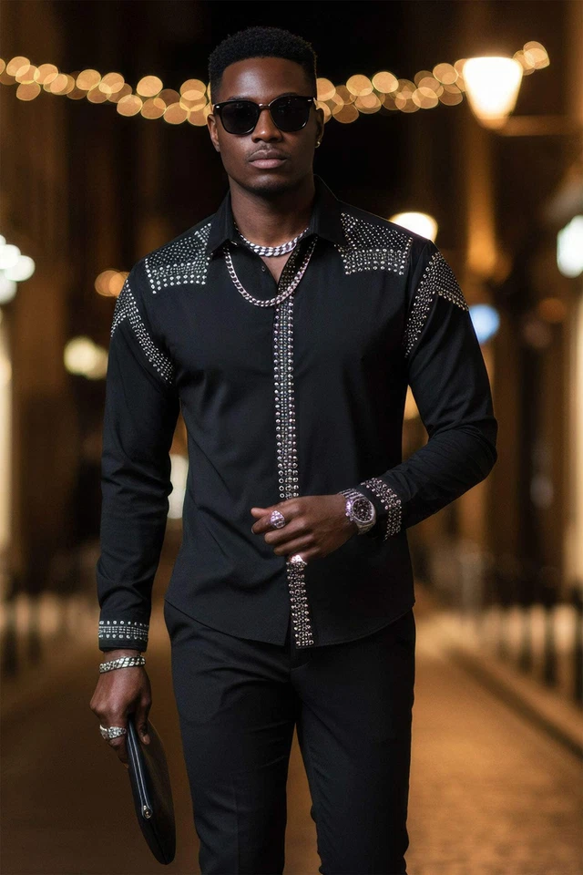 Barabas Men's Studded Premium Solid Long Sleeve  Shirts 3B24 - Image 4 of 4