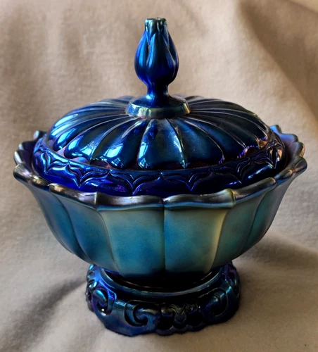 Vintage Fenton Glass Favrene Ogee 3 Pc Covered Candy Dish Iridescent Ltd Number