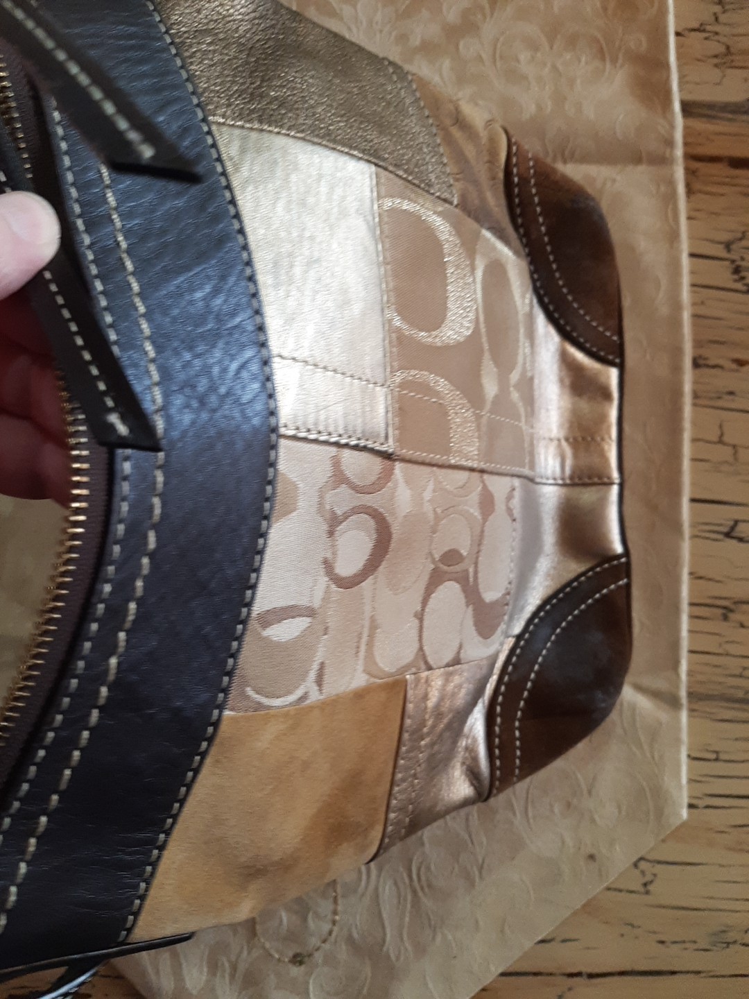 Vintage Coach Monogram Patchwork Brown Suede Gold… - image 17