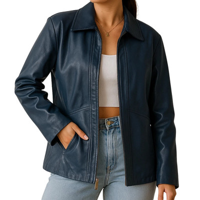 Women's Navy Oversized Genuine Sheepskin Leather Jacket Casual Coat Outerwear