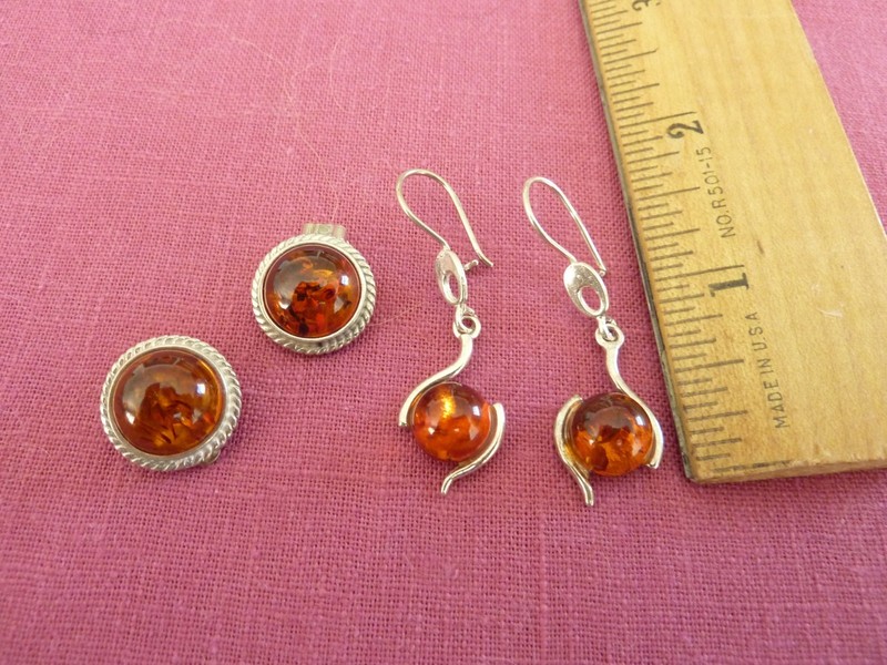 AMBER Vintage Real  Baltic Amber Sterling Silver Clip-On Earrings 925 & 2nd pair