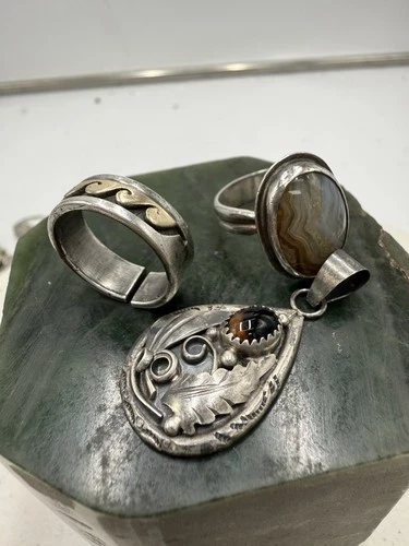 Vintage Sterling Silver Native American Pendant Rings Lot 14k