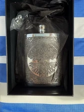 Tree Of Life Design Pewter Flask With Funnel. New In Box. Celtic Design