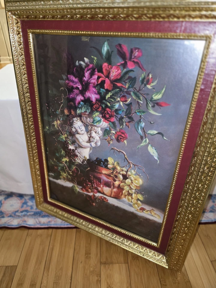 "Impresión artística enmarcada dorada firmada por Di Giacomo ángulo con flores 30,5 x 24,5""" Foto 2 de 4