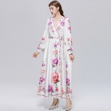 Vintage Floral Paisley Print V Neck Bow Long Sleeve Women Casual Wrap Robe Dress