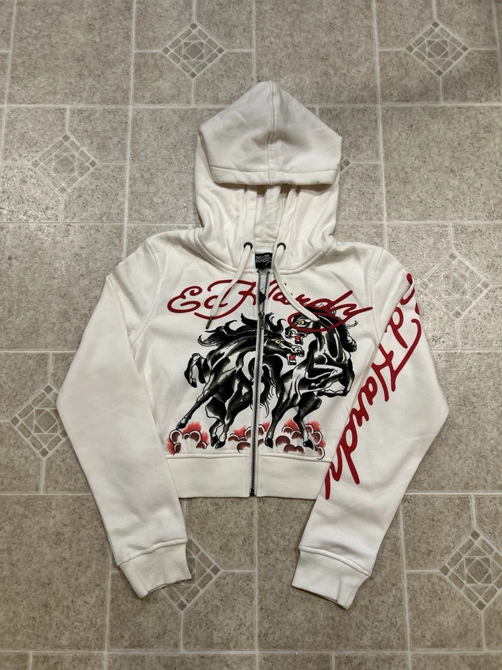 Sudadera con capucha recortada con cremallera Ed Hardy Ivory Horse Foto 3 de 4