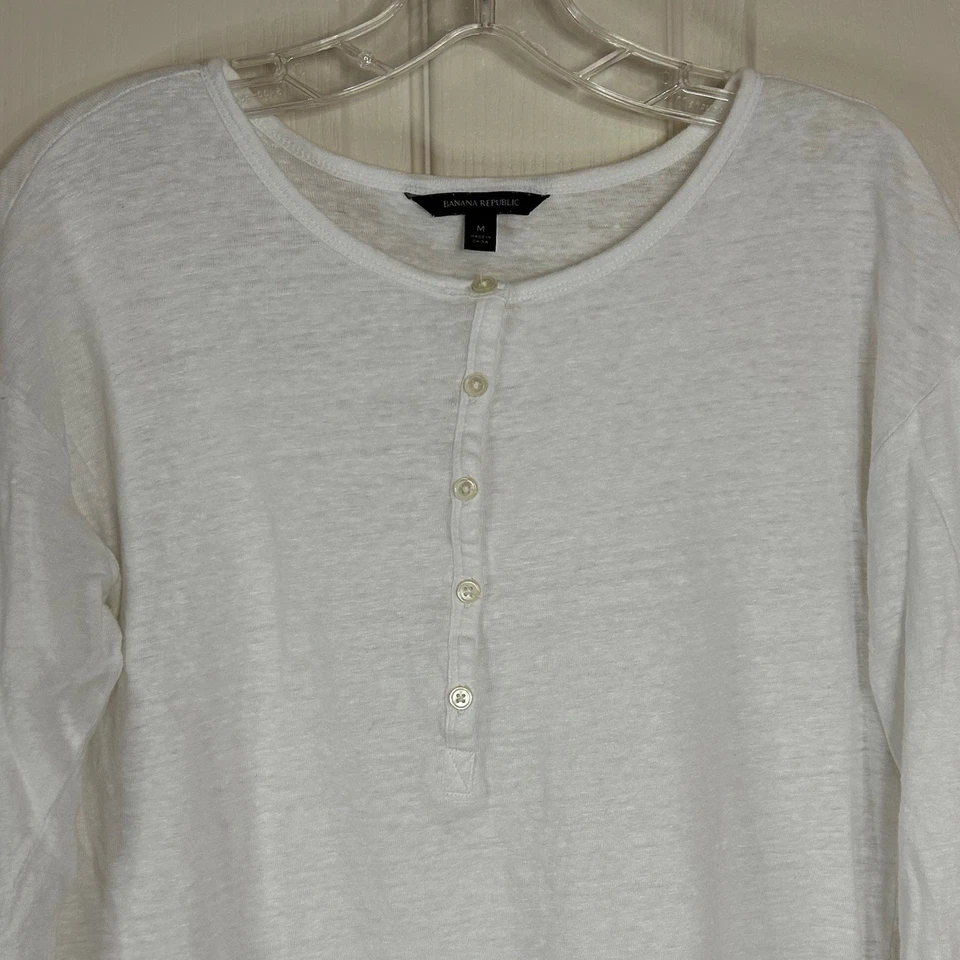 Top Banana Republic blanco mezcla de lino manga larga Henley encaje ribete Foto 3 de 4