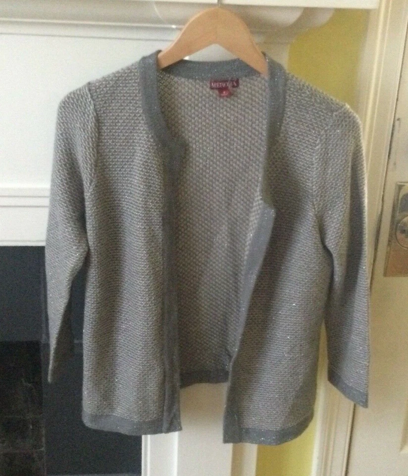 Cárdigan Merona Frente Abierto Suéter Gris Plata Brillante Metálico Vacaciones Talla Pequeña Foto 2 de 4