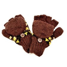 M L Fingerless Gloves Mitten Text 100 Wool Fleece Lined Hand Knit Brown Sherpa