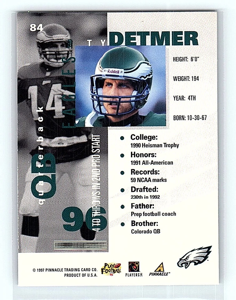 1997 Pinnacle Inside Ty Detmer New York Jets #84 - Image 2 of 2