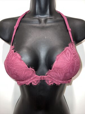 PINK Victoria Secret Bra Maroon SZ 32 D Bralette Lace Push Up Date Racer Back