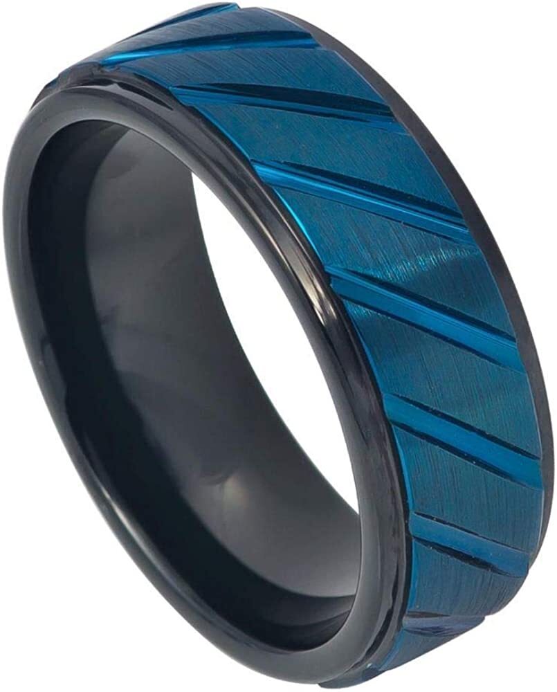 8mm Tungsten Carbide Blue IP Plated Diagonally Grooved Finish Wedding Band Ring-image