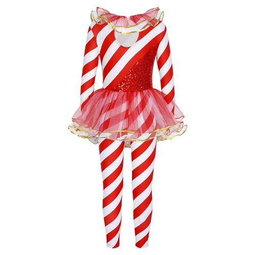 Kids Girls Christmas Dance Costume Sequins Candy Cane Striped One Piece Jumpsuit - Picture 76 of 93