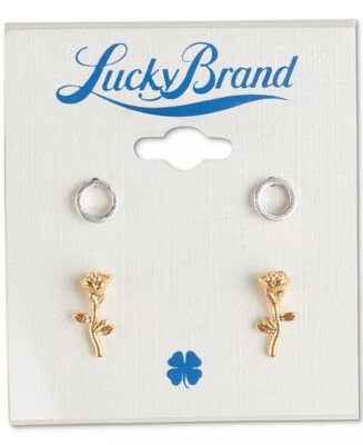 lucky brand stud earrings two tone 2 pieces set rose gold tone silver tone new