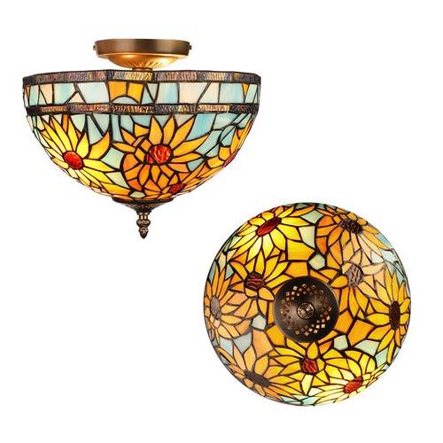12 Inch Sunflower Pattern Stained Glass Shade Tiffany Flush Mount Ceiling Light - Picture 2 of 10