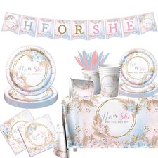 Gender Reveal Party Supplies142Pcs Gender Reveal Plates and Napkins Tableclot...