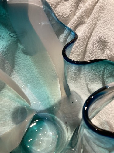 Royal Gallery Poland Teal Vase Handkerchief Ruffle Hand Blown Glass Lg Vase 12" - Picture 12 of 24