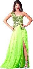 Cassandra Stone Mac Duggal Neon Lime Green Sequin One Shoulder Gown Size 4 $398
