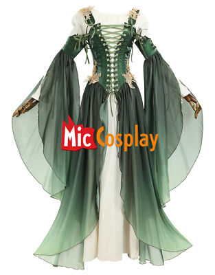Medieval Renaissance Costume Elf Style Green Dress with Sleeves Cosplay  Costume