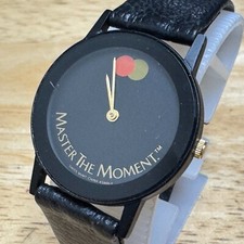 VTG MasterCard Swiss Movt Quartz Watch Unisex Black Leather Analog New Battery