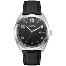 Bulova Men's Classic Quartz Calendar Black Dial Black Leather Watch 42 MM 96B453