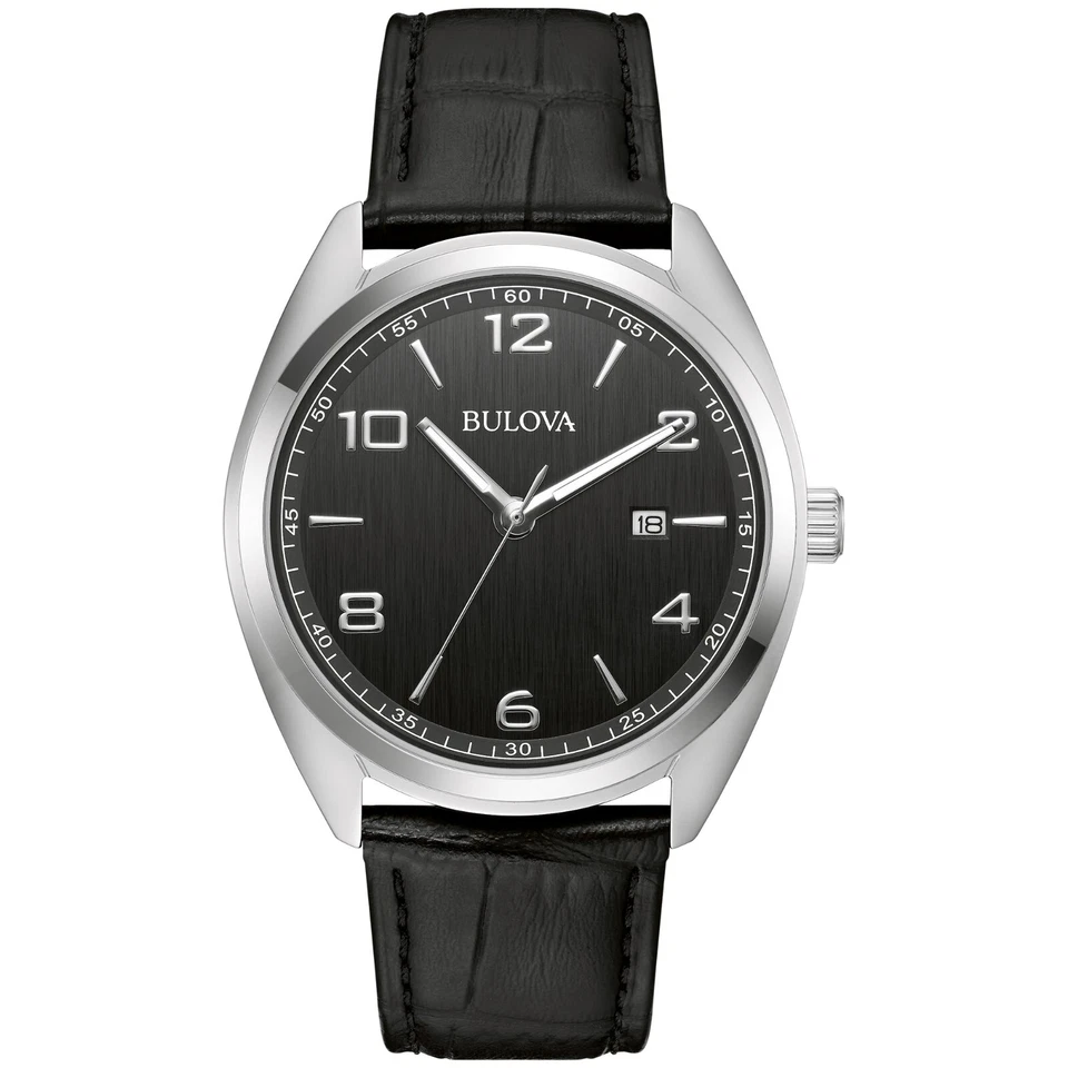 Bulova Men's Classic Quartz Calendar Black Dial Black Leather Watch 42 MM 96B453