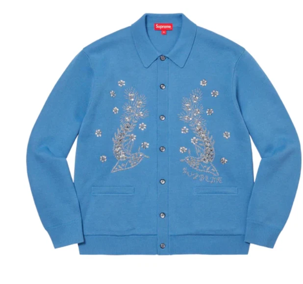 Supreme Beaded Applique Cardigan Bright Blue Size Small Grandpa Floral Knit